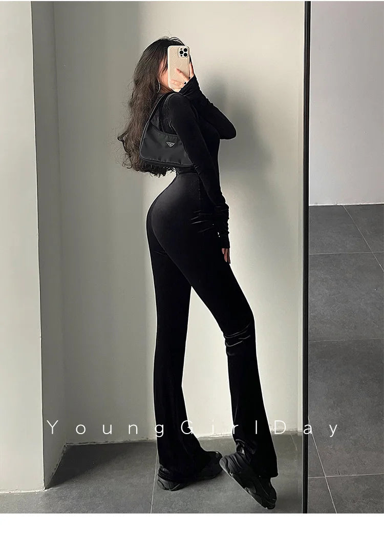 WOMENGAGA Fashion Black Velvet Slim Hooded Zipper Long Sleeve Flare Pants Jumpsuit Rompers Korean Sexy Hot Tops 2022 9P64