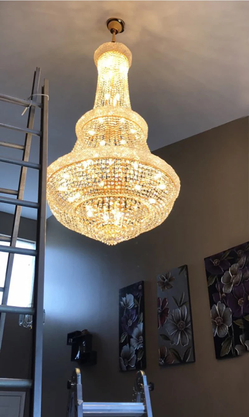 Phube Large Empire Gold Crystal Chandelier Light For Staircase Hanging Lamp For Foyer Lobby Modern Hanging Light Ceiling lights