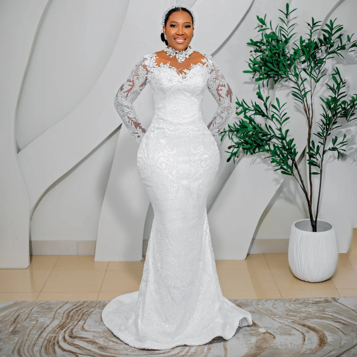 Mermaid Wedding Dresses Long Sleeve High Neck Bride Dress Lace Beading African Bridal Gown vestido de novia Customized