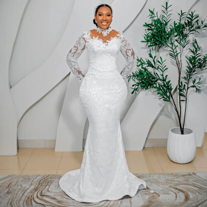 Mermaid Wedding Dresses Long Sleeve High Neck Bride Dress Lace Beading African Bridal Gown vestido de novia Customized