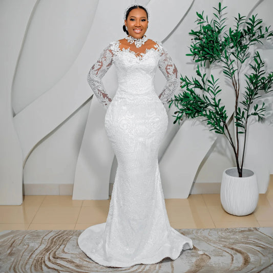 Mermaid Wedding Dresses Long Sleeve High Neck Bride Dress Lace Beading African Bridal Gown vestido de novia Customized