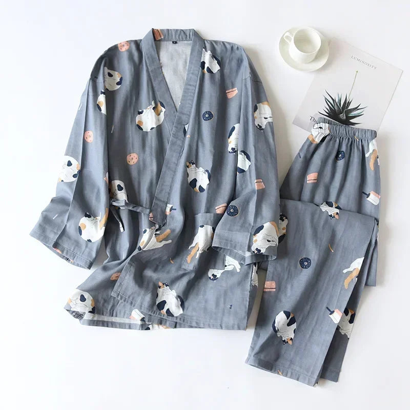 2026 new seven-sleeve Japanese-style kimono pajamas set female spring and autumn 100% cotton gauze home clothes cute sweet two-p