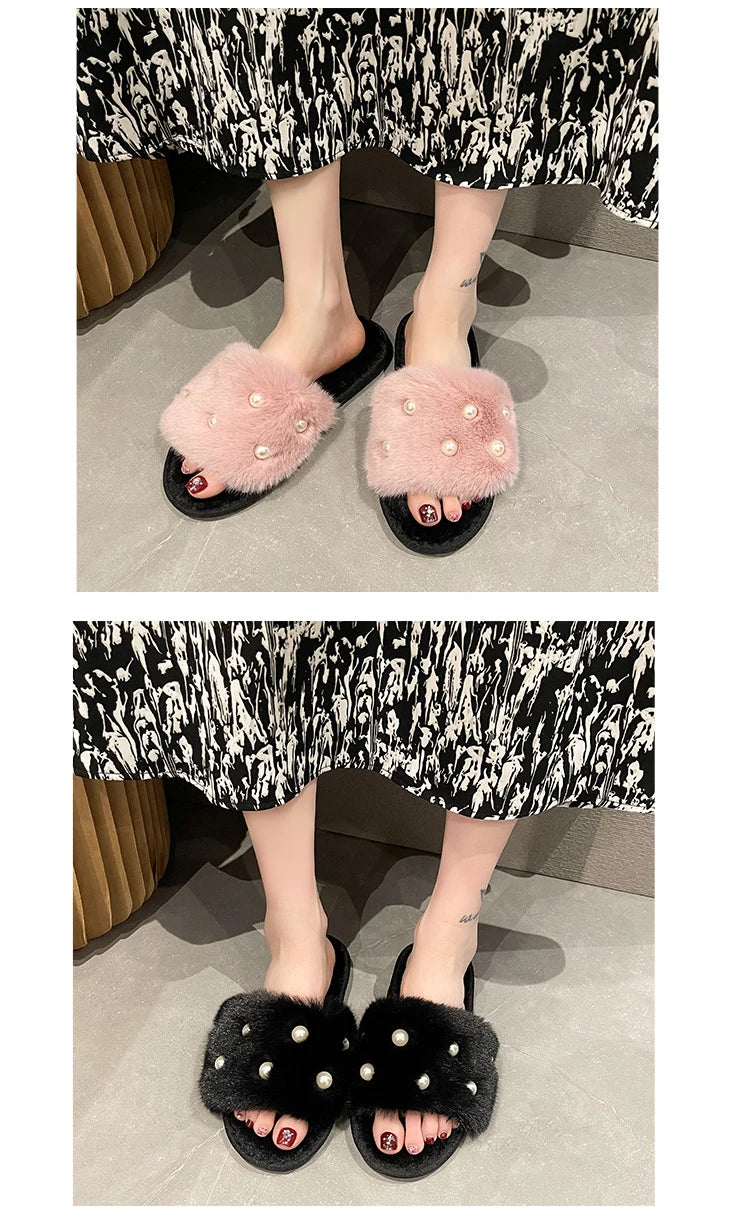Perle Fluffy Slippers Home Winter Casual Designer Shoes Women 2025 New Luxury Indoor Plush Slides Girls Fashion Elegant Footwear