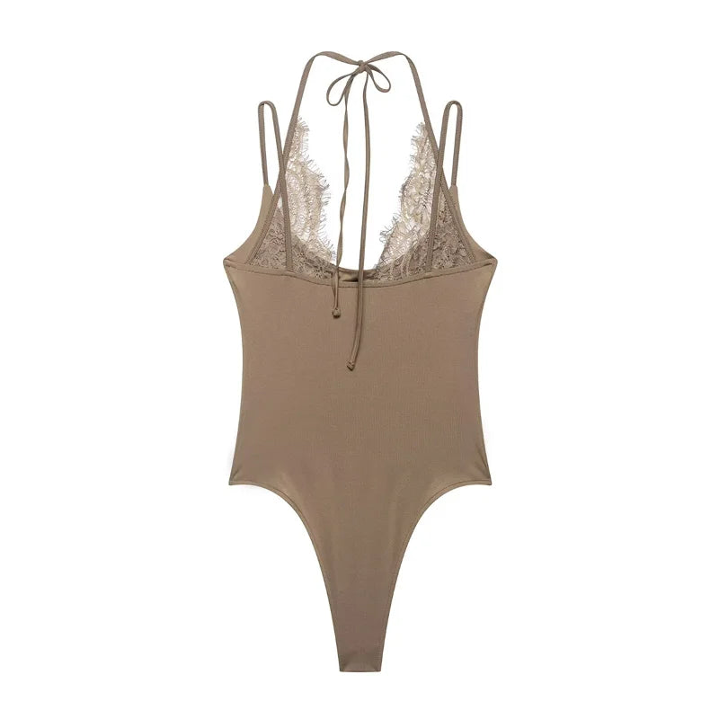 Women's Bodysuit 2026 New Fashion Summer Black Spliced Lace Bodysuit for Women Elegant Chic Personality Spaghetti Strap Bodysuit