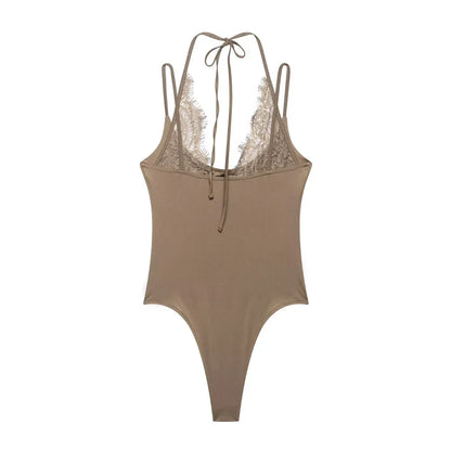 Women's Bodysuit 2026 New Fashion Summer Black Spliced Lace Bodysuit for Women Elegant Chic Personality Spaghetti Strap Bodysuit