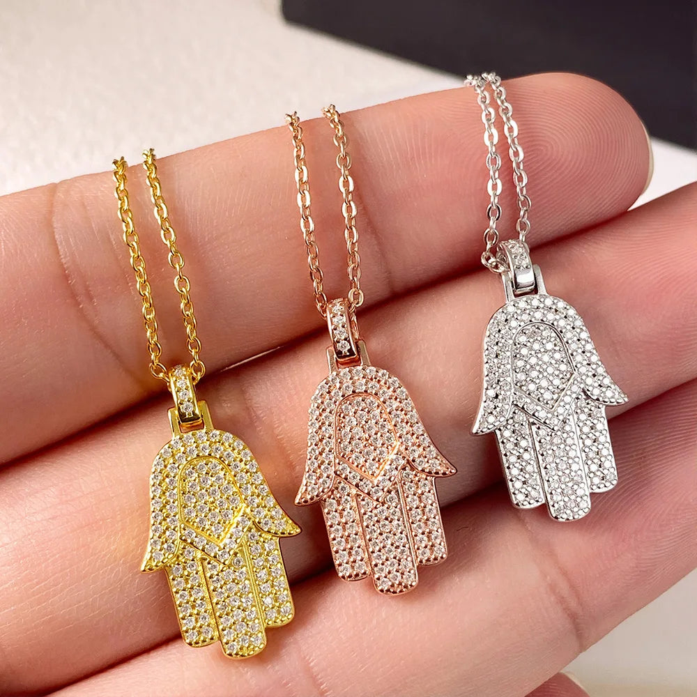 EWYA Hamsa Hand Full 0.9mm Moissanite Pendant Necklace for Woman Men 925 Silver Pass Diamond Test Hip Hop Fine Neck Jewelry Gift