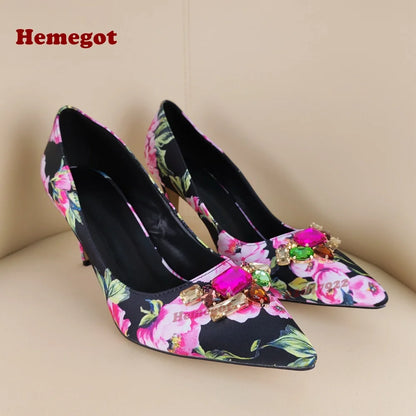 Print Flower Gemstone Pumps Pointy Toe Stiletto Heels Shallow Women's Pumps Colorful Crystals Sexy Elegant Shoes 2025 New Luxury