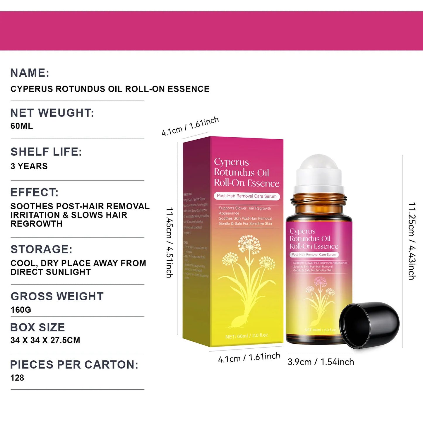 Cyperus Rotundus Oil Roll On, Natural Cyprus Cypress Rotundus Oil for Hair Removal, Reduces Unwanted Hair Growth, Soothes Skin