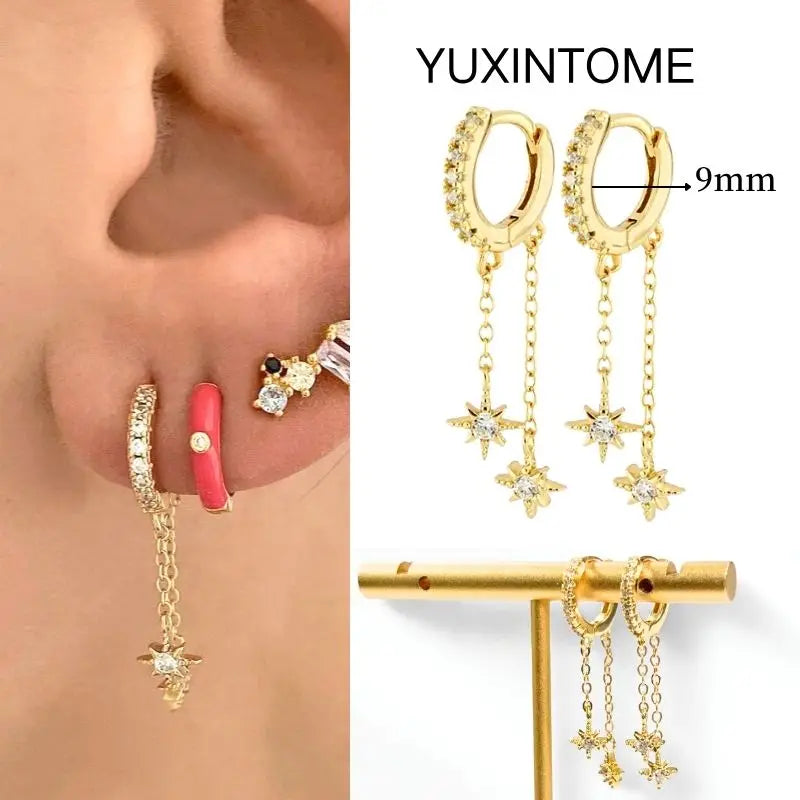 White Color Zircon Hoop Earrings 925 Sterling Silver Needle Cross/Star/Flower/Water Drop Pendant Gold Earrings Luxury Jewelry