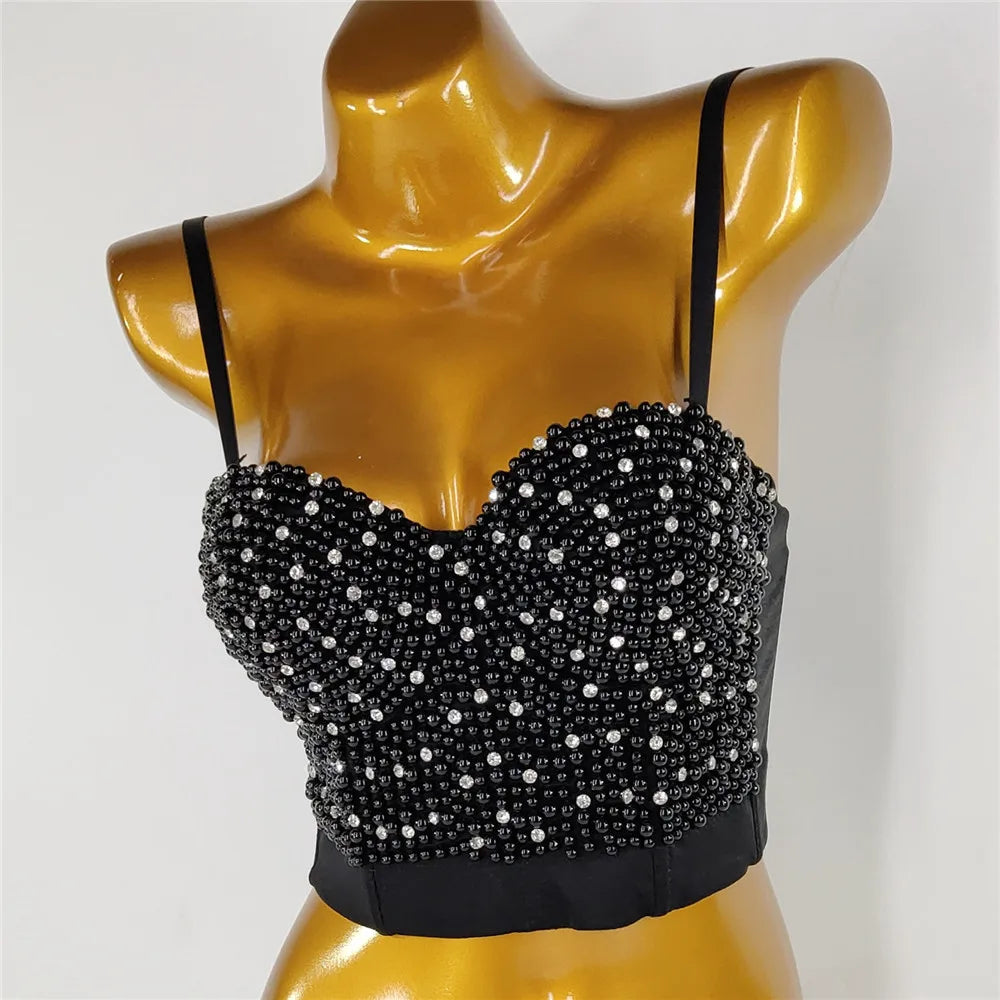 Quality Pearl Tank Tops Rhinestone Women Crop Top Club Clothes Streetwear Y2K Corset Woman Shaper Camis Fashion Feamale Clothing