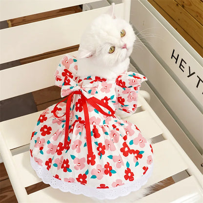 Summer Floral Dog Dress Luxury Pet Vest Puppy Skirt Girls Dog Clothes Chihuahua Clothing Bichon Dog Clothing with Bow Headwear