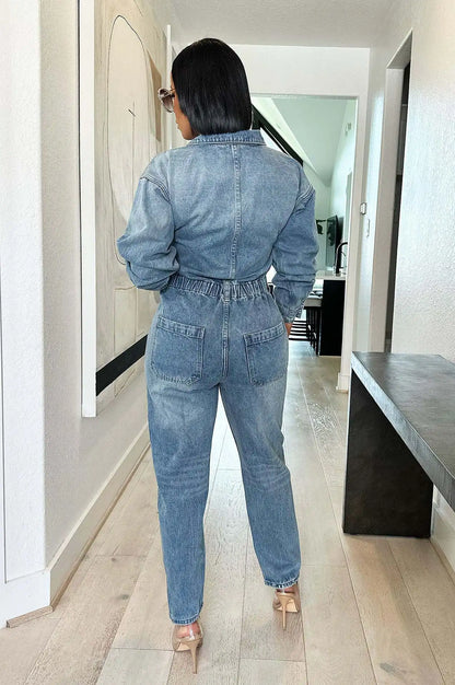 Winter Autumn Jeans Stretch Jumpsuit Sexy Women Turn Down Collar Elegant Denim Straight Romper Overalls