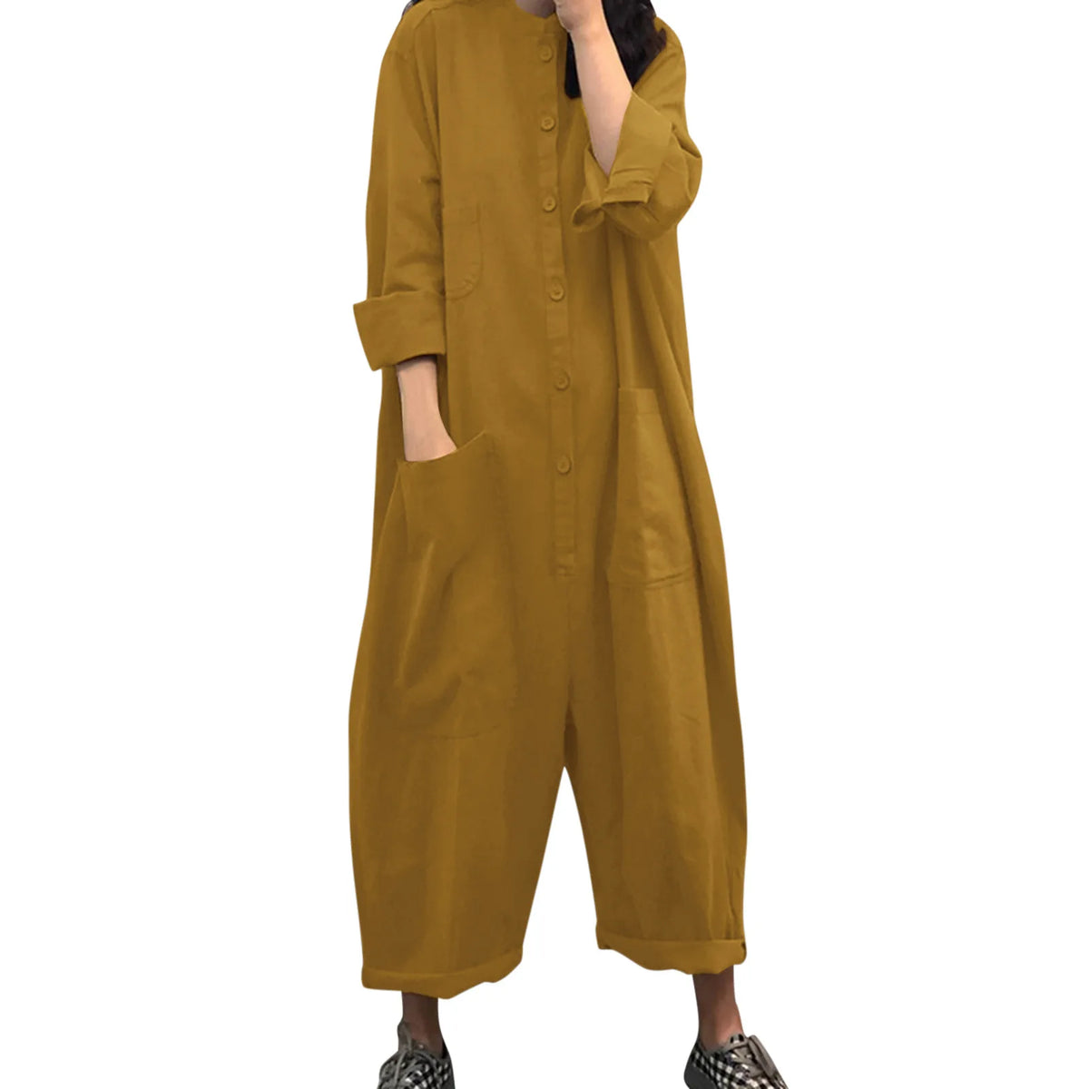 Solid Color Casual Loose Pocket Jumpsuit Women New Fall Simple Long Sleeve Shirt Female Vacation Rompers Fashionable Streetwear