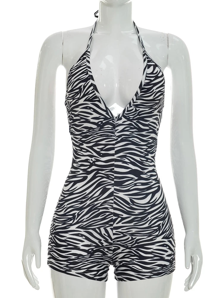 Weird Puss Sexy Fashion Playsuits Woman Zebra Stripes Lace-Up Halter Backless Shape Waist Skinny Peach Hip Wild Style Rompers