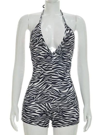 Weird Puss Sexy Fashion Playsuits Woman Zebra Stripes Lace-Up Halter Backless Shape Waist Skinny Peach Hip Wild Style Rompers