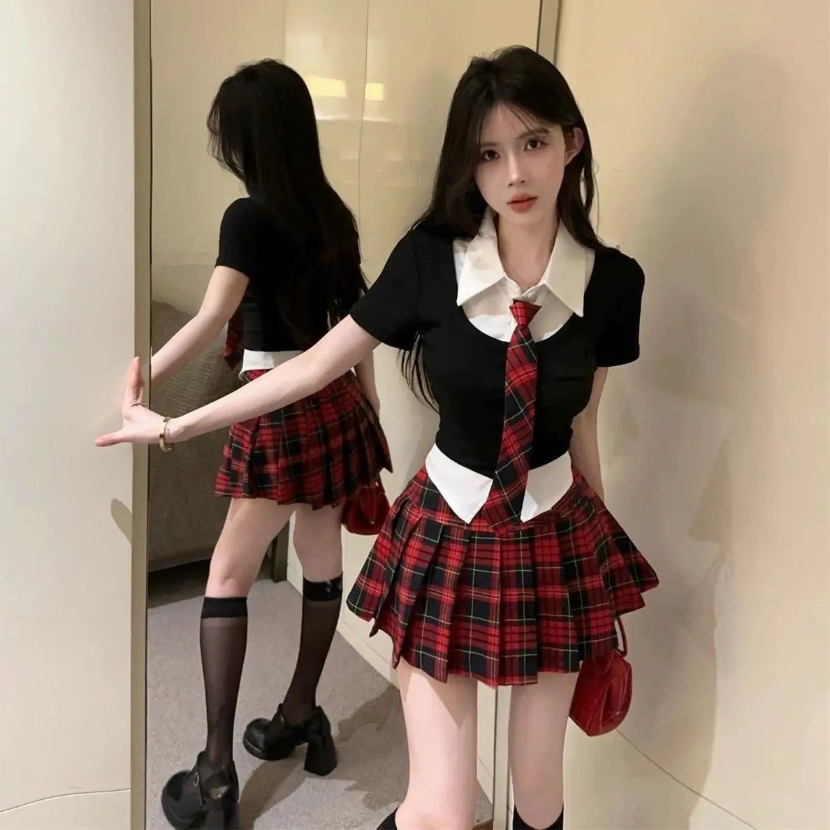 2025 korean style polo collar short-sleeved tops high-waisted jk plaid short skirts 2 piece summer girls  school uniform jk set