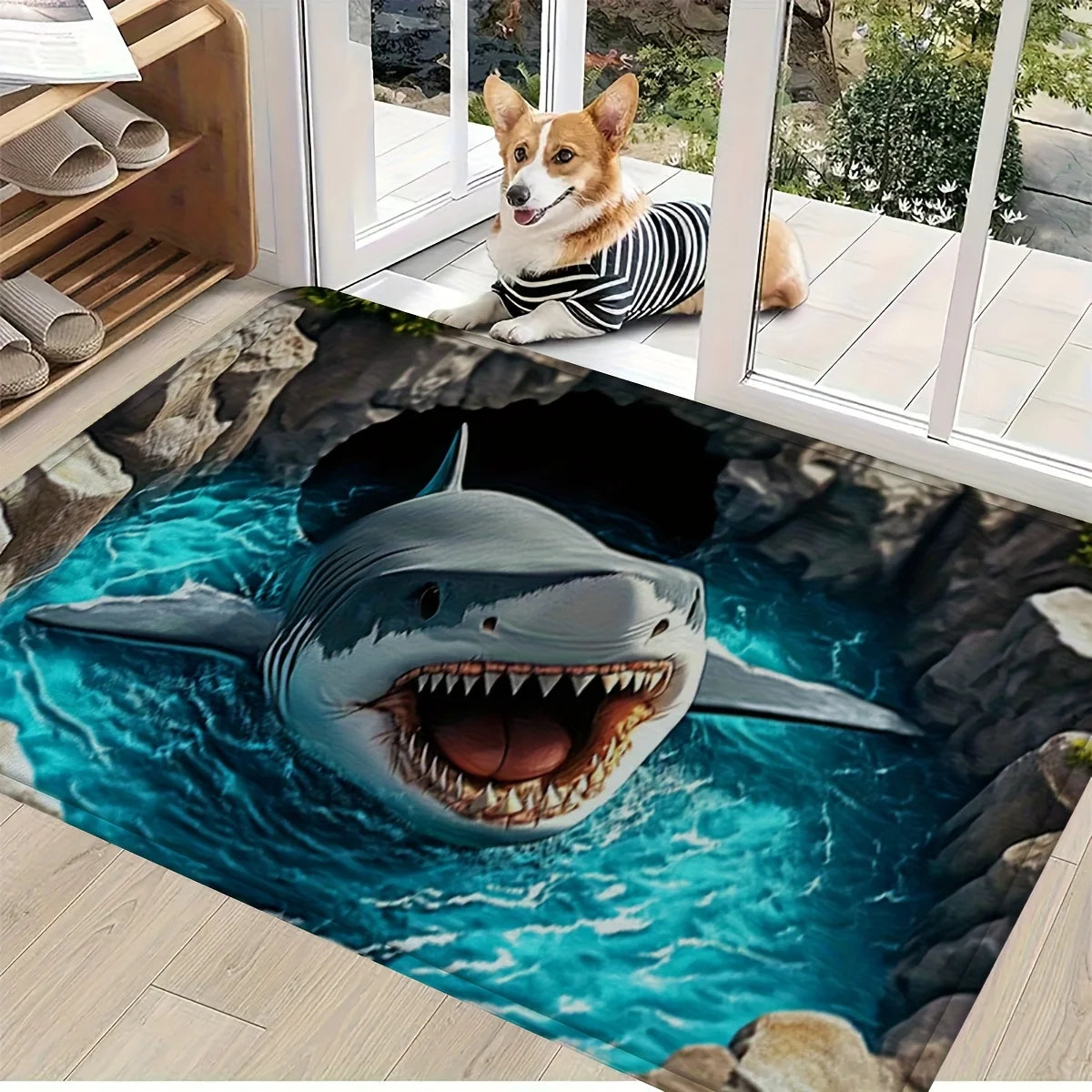 Shark 3D Printed Flannel Rug Ocean Cave Design Indoor Floor Mat Marine Animal Theme Home Decor Living Room Entrance Art Pet