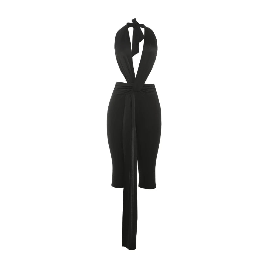 Weird Puss Ribbon Halter Romper Women Backless Patchwork Sleeveless Elastic Workout Activewear Midnight Activity Slim Playsuits