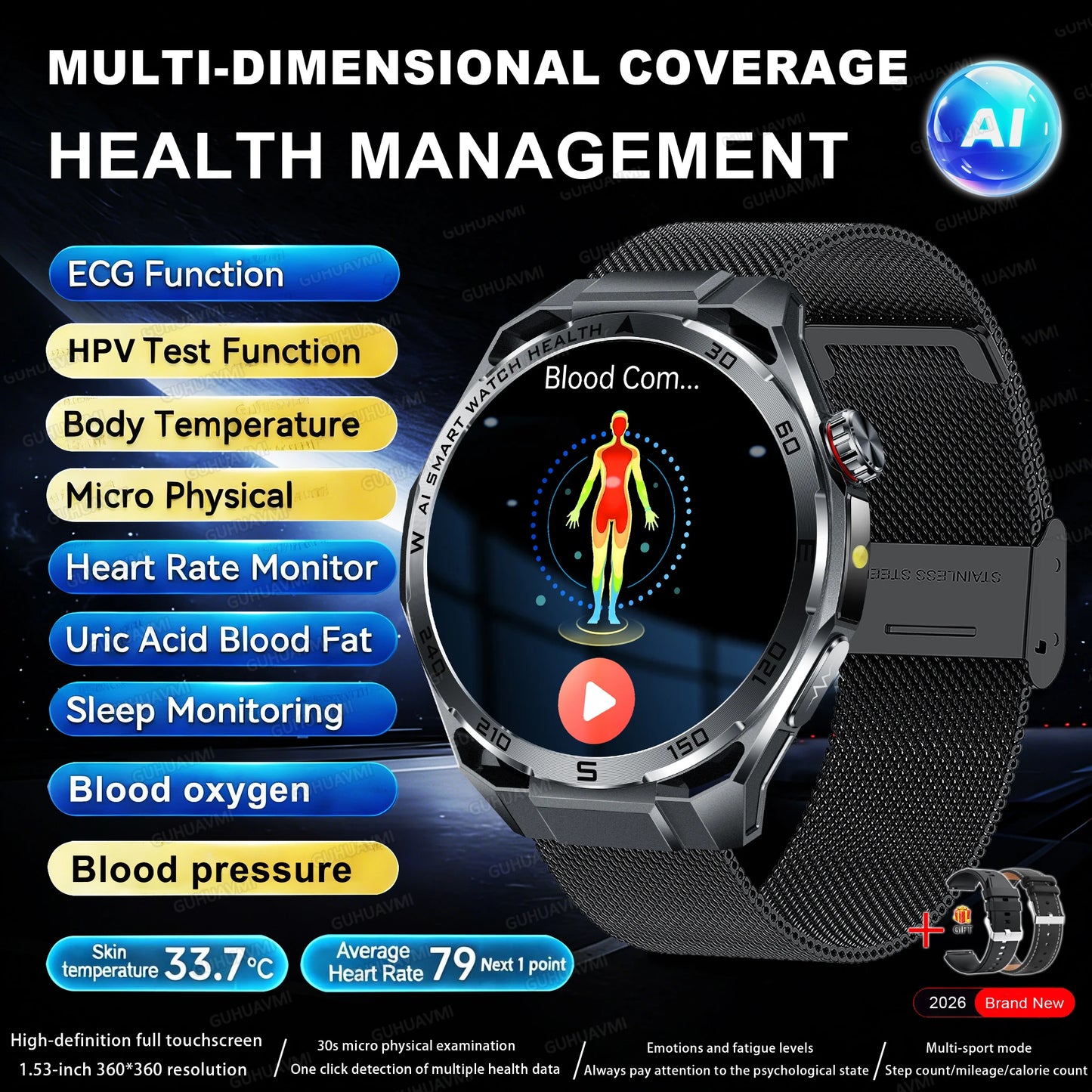 2026 New ECG+PPG Body Fat Analysis Health Smart Watch Uric Acid BP Blood Oxygen Bluetooth call Sports Smart Watch For Men Women