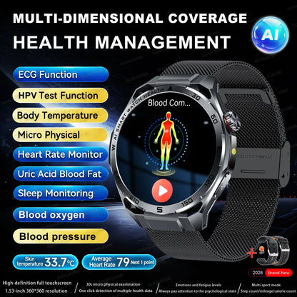 2026 New ECG+PPG Body Fat Analysis Health Smart Watch Uric Acid BP Blood Oxygen Bluetooth call Sports Smart Watch For Men Women