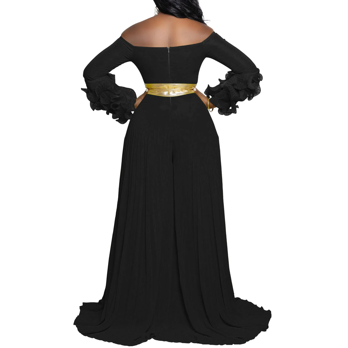 CM.YAYA Women Long Ruffles Sleeve Pleated Slash Neck Wide Leg Long Jumpsuits Party Beach Belt Street Sexy Africa Outfit Rompers
