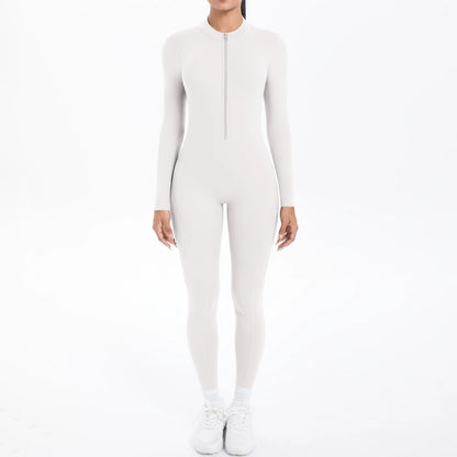 Solid Color Bodysuits for Woman's Backless Long Sleeved Zipper Yoga Jumpsuits High Dtrength Workout Sports Fitness Clothing Set