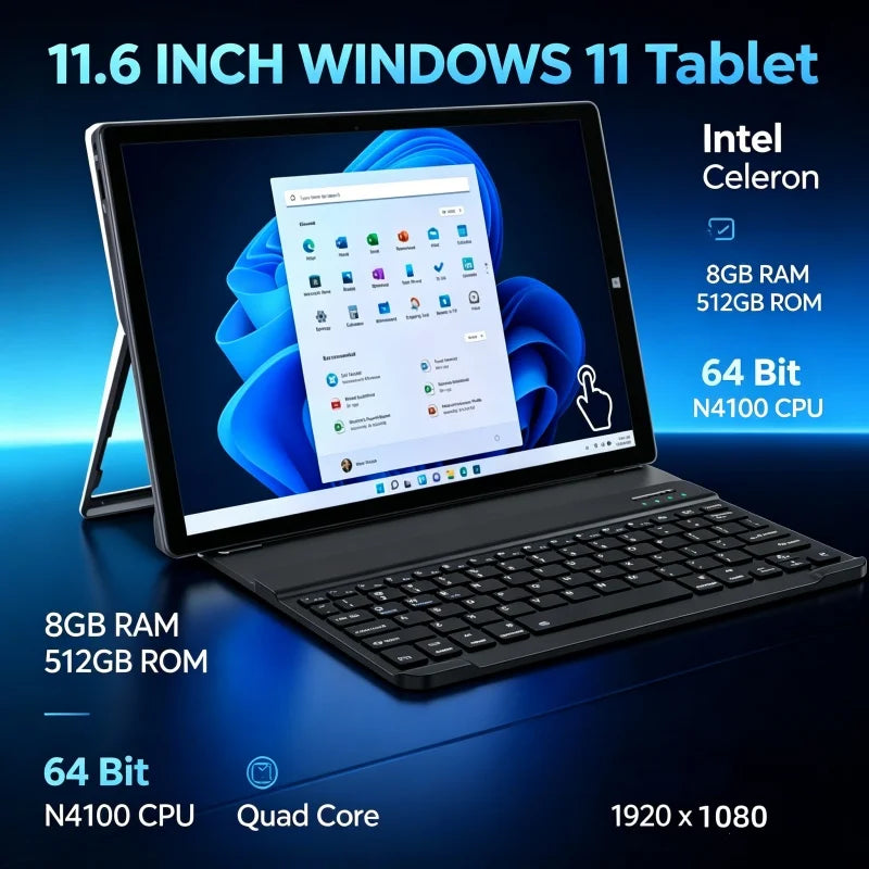 11.6 INCH WINDOWS 11 Tablet PC Pad1162 Intel Celeron 8GB RAM 512GB ROM 64 Bit N4100 CPU Quad Core WIFI HDMI-Com 1920 X 1080 Pix