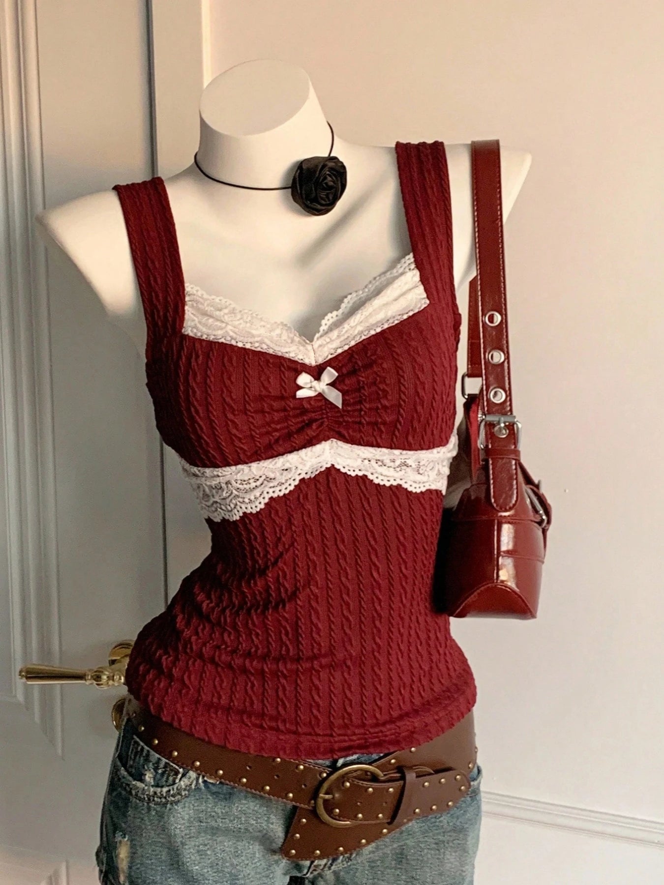 Y2K summer fashion new patchwork lace bow decoration pure desire vest, versatile top for wearing outside