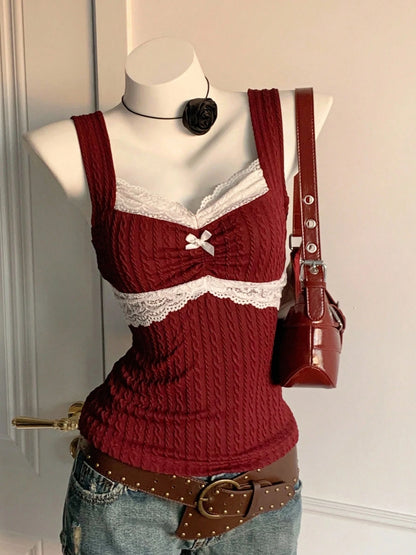 Y2K summer fashion new patchwork lace bow decoration pure desire vest, versatile top for wearing outside