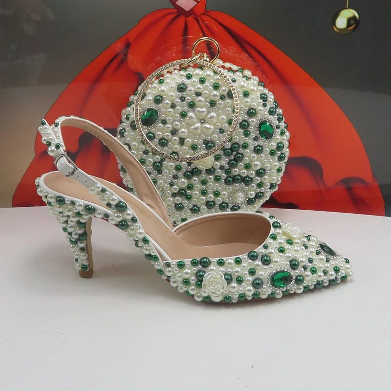 BaoYaFang Green Pointed Toe Pearl Bridal Wedding Shoes and Bag Thin Heel Slingbacks Female Ladies Party Shoe Shallow Women Shoes
