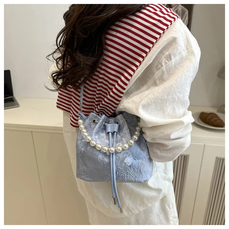Sweet Butterfly Women Drawstring Bucket Shoulder Bags Versatile Ladies Crossbody Bag Clutch Fashion Girls Pearl Chain Handbags