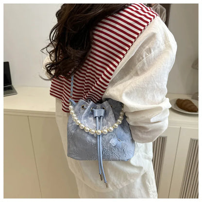 Sweet Butterfly Women Drawstring Bucket Shoulder Bags Versatile Ladies Crossbody Bag Clutch Fashion Girls Pearl Chain Handbags