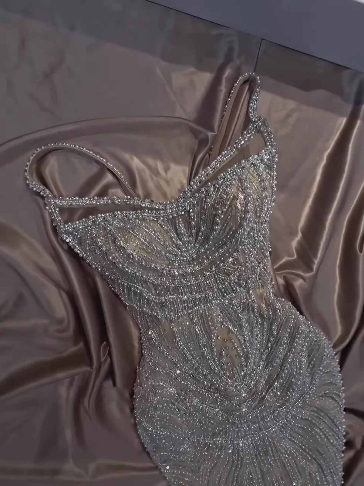 Serene Hill 2026 Luxury Saudi Arabic Nude Spaghetti Strap Pearls Beaded Evening Dress For Formal Occasion GLA73608 Customized