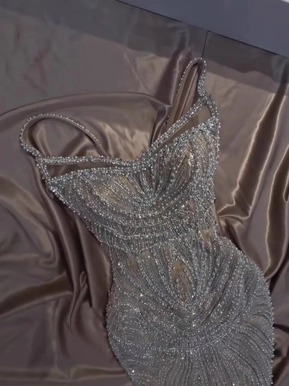 Serene Hill 2026 Luxury Saudi Arabic Nude Spaghetti Strap Pearls Beaded Evening Dress For Formal Occasion GLA73608 Customized