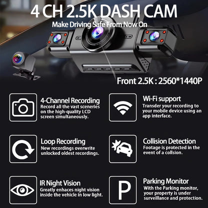 360 Degree 4 Cameras Dash Cam Car DVR WiFi  2.5K Video Recorder 4 Channel Front Rear View Night Vision Black Box DVR For Vehicle
