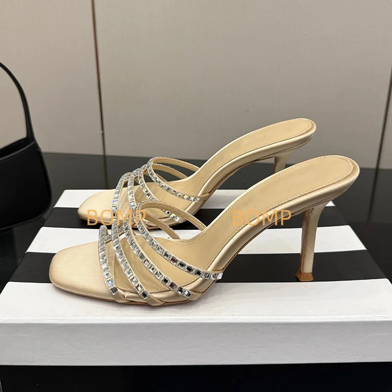 Fashionable Satin Pointed Toe Crystal High Heel Slippers Diamond Stiletto Sandals Luxury Sexy Design for Party Wedding Occasions