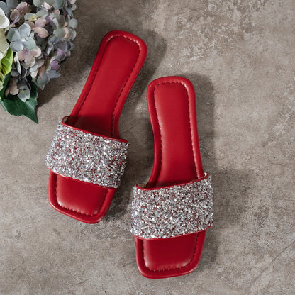Glitter Bling Women Slippers Summer New Flat Beach Slippers Women Outdoor Luxury Sandals Designer Plus Size Shoes Slides Women