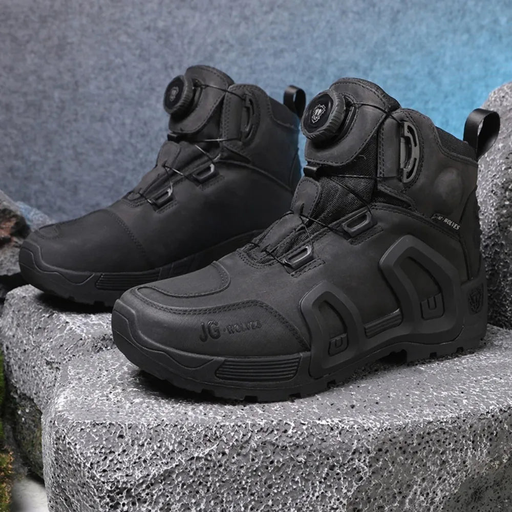 Men Motorcycle Riding Boots Waterproof Cowhide Leather Breathable Anti-Slip Wear-Resistant Street Moto Shoes