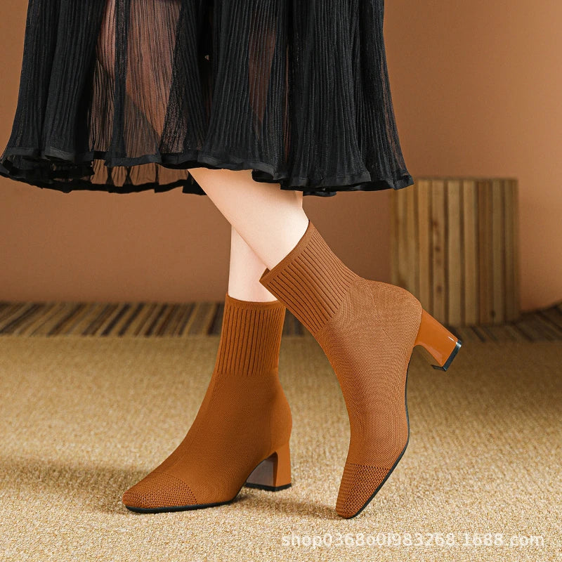 Black Square Toe Knit Sock Boots Elastic Slim Thick Block Heel High Heels Short Boots Fashion Autumn Casual Skinny Ankle Boots