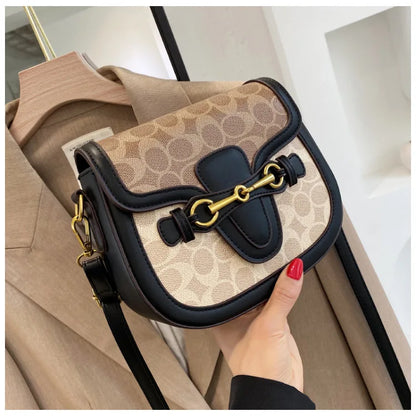 Women Retro Print Saddle Crossbody Bag Luxury Horse Bit Buckle Small Shoulder Bag Fashion PU Leather Ladies Daily Handbag