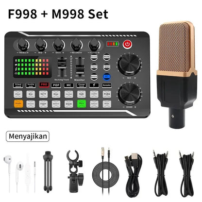 F998 Live Streaming Sound Card Kit Rechargeable Condenser Microphone With Stand Bluetooth Mixer For Streaming Recording