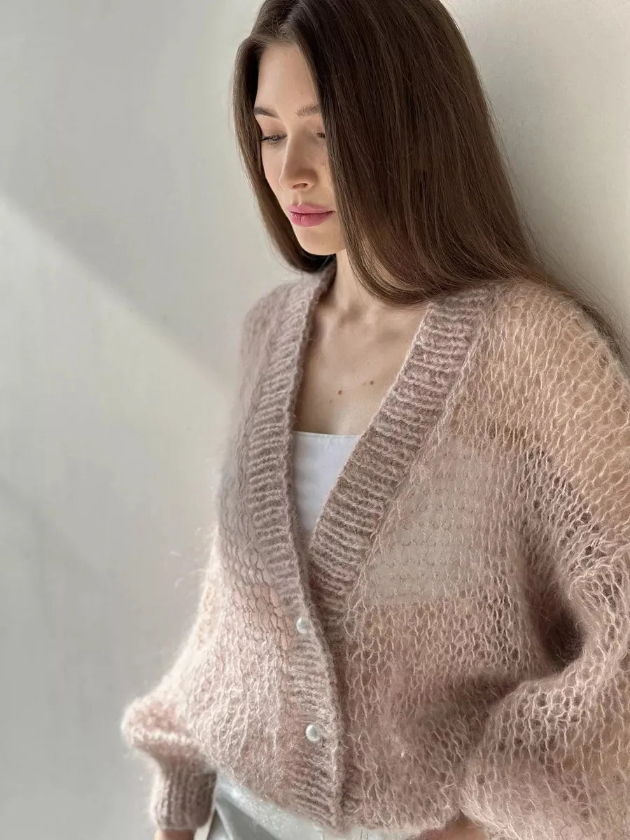 Women Knitting Cardigan 2026 New Women Mohair Knit Cardigan Hollow Out Sheer Long Sleeve Casual Knitted Outerwear Sweater