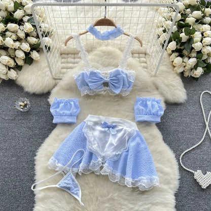 Summer Girls Sexy Hot Sweet Transparent Suspender Mini Dress Women Elastic Waist And Backless Strap Lolita Pajamas Bubble Skirt