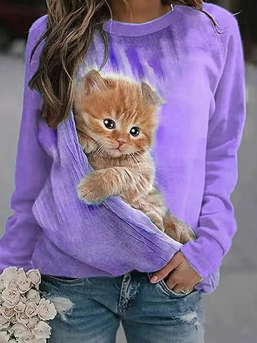 2025 Fashion Women's Cute Cats Graphic Sweatshirt 3D Print O-Neck Long Sleeve Tops Women's Apparel Y2K Streetwear Fall Pullover