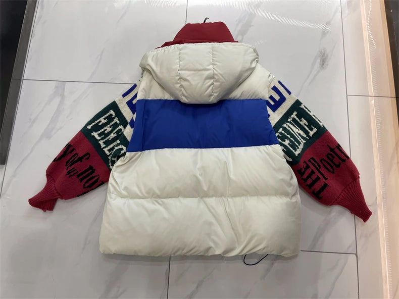 Streetwear Letter Stitching Fashion Down Jacket Women's New Hooded Parka Loose Winter Down Coat Female Thick Casual Warm Clothes