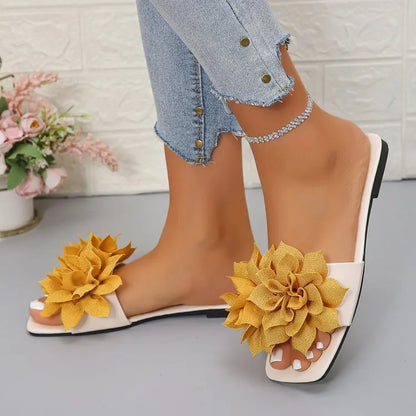 Women Flat Slippers 2026 Summer New Solid Color Sandals Flowers Open Toes Slippers Casual Fashionable Beach Shoes Slides Women