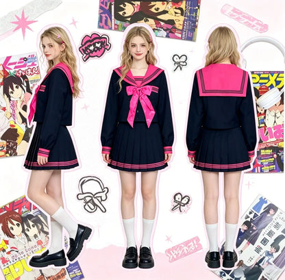 Japanese Dark College Style Rose Red Three Sailor Suit JK School Uniform,Slim Pleated Skirt Set for Campus Daily Graduation Wear