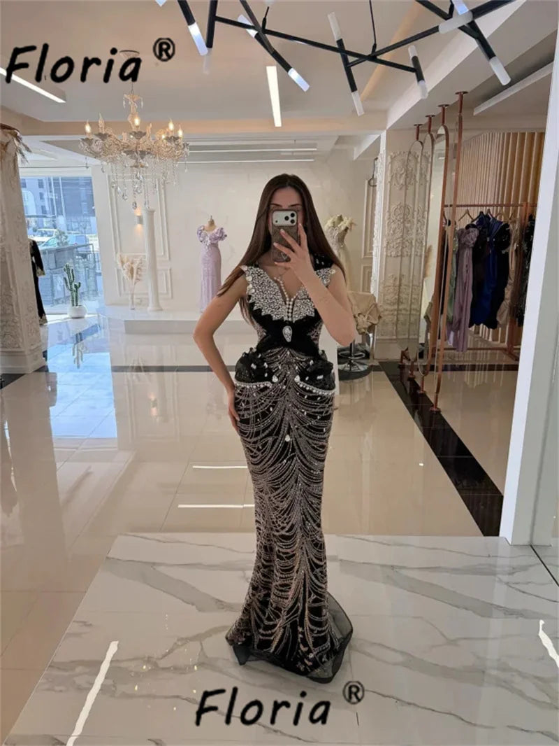 Luxury Black Mermaid Evening Dress Beaded V Neck Prom Party Gown Woman Sleeeless Stones Formal Occasion Gala Customized 2026