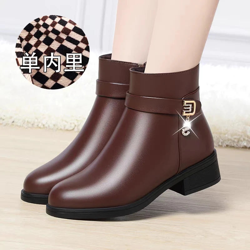 High-Heeled Leather Shoes Spring Single Shoes Thick Heel Thick Sole Slip-On Women's Shoes Square Toe Middle-Aged Mother's Shoes