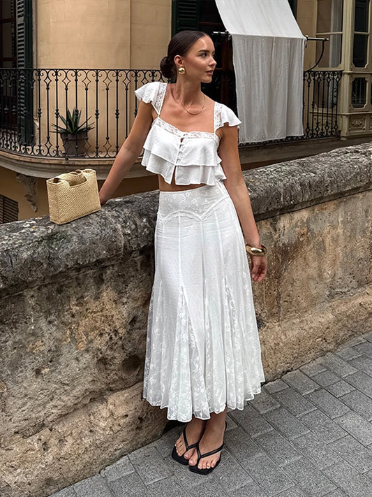 2026 Summer Fashion Square Neck Ruffled Crop Top & Pleated Midi Skirt 2-Piece Set Elegant Boho Resort Vacation Casual Outfits